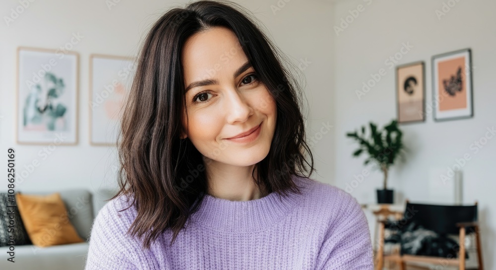 Smiling woman with wavy dark hair wearing purple sweater indoors Smiling woman with wavy dark hair wearing purple sweater indoors