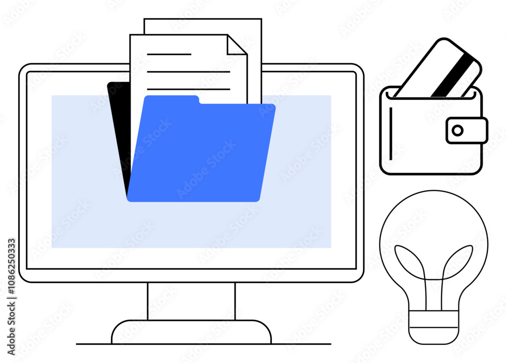 Monitor displaying documents in folder, wallet with credit cards, and lightbulb symbolizing ideas. Ideal for business management, online payments, digital storage, innovation, e-commerce, finance Monitor displaying documents in folder, wallet with credit cards, and lightbulb symbolizing ideas. Ideal for business management, online payments, digital storage, innovation, e-commerce, finance