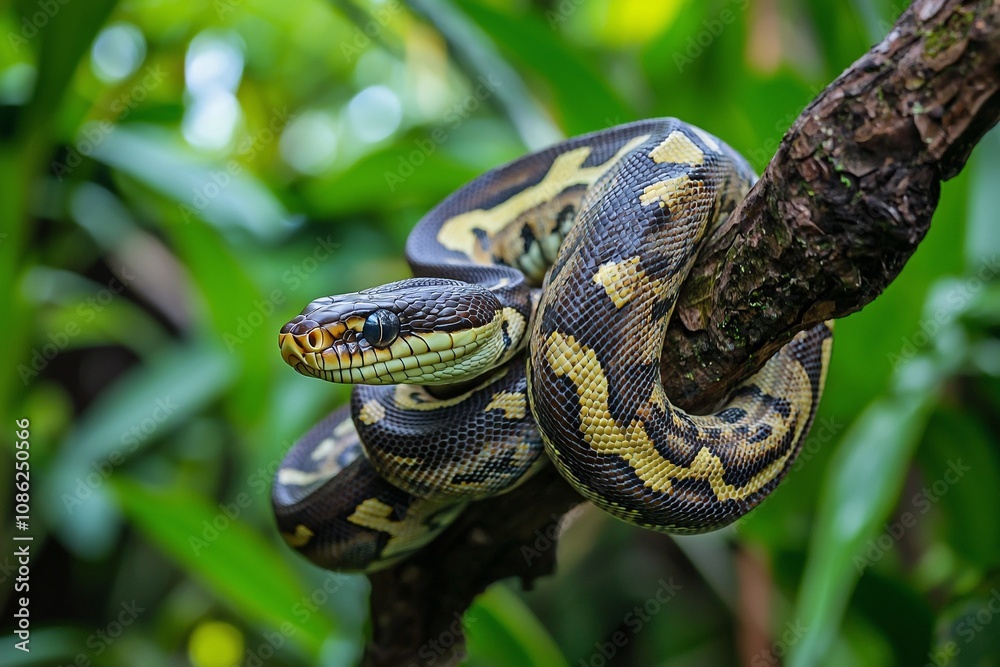 Stunning Python Coiled on a Branch Surrounded by Lush Greenery Stunning Python Coiled on a Branch Surrounded by Lush Greenery