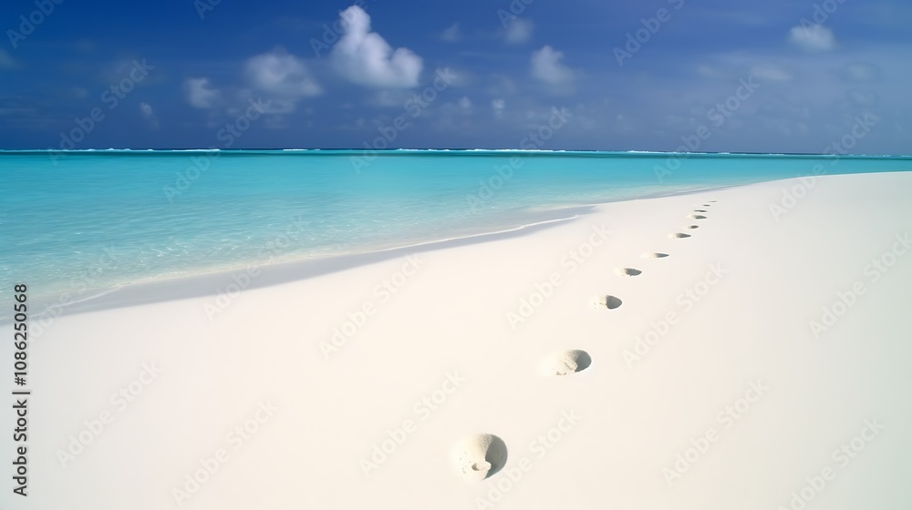 Obraz premium Footprints Lead To Turquoise Ocean And White Sand Beach
