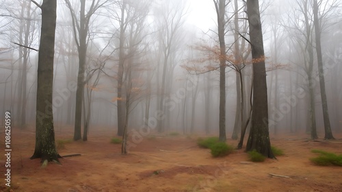 Foggy Forest Scene With Bare Trees And Brown Ground