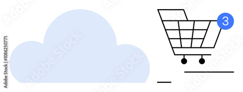 Cloud icon beside shopping cart with notification showing three items. Ideal for e-commerce, online shopping, cloud storage, data synchronization, digital marketing, retail management, UIUX design