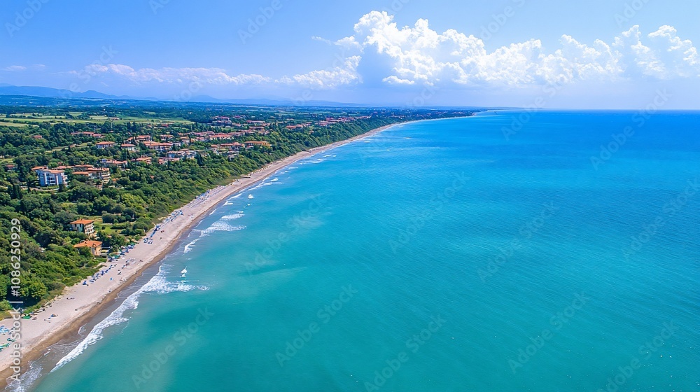 Aerial view of a long sandy beach with turquoise water, green vegetation, and buildings.