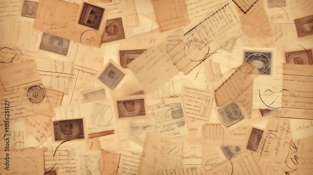 Fototapeta premium Vintage Postcards Stamps Letters Collection Aged Paper