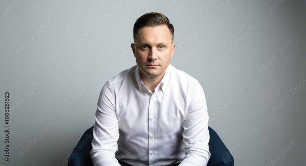 Caucasian male with short hair in white shirt, seated, looking serious Caucasian male with short hair in white shirt, seated, looking serious