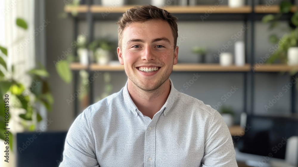 Obraz premium young man with friendly smile is seated in modern office environment, surrounded by plants and shelves. His casual business attire adds to professional yet relaxed atmosphere