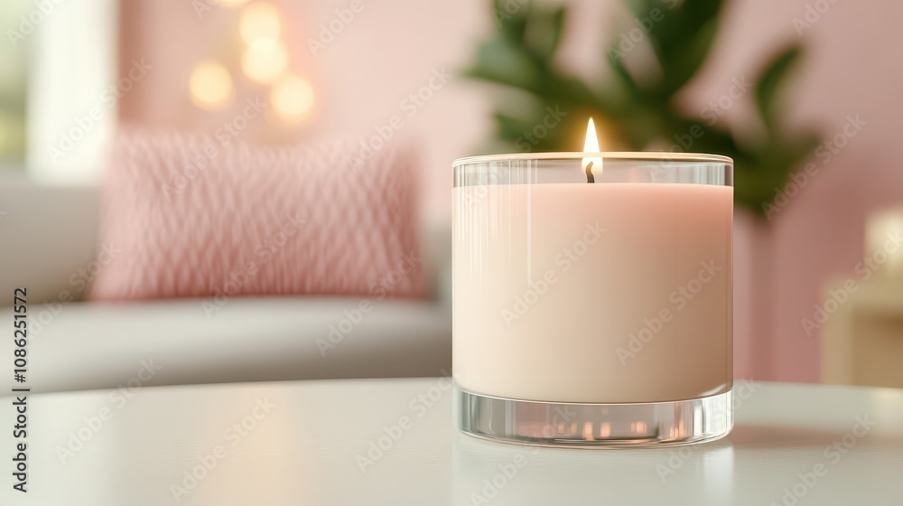 A lit pink candle on a table, creating a warm atmosphere in a cozy modern living room with soft decor. A lit pink candle on a table, creating a warm atmosphere in a cozy modern living room with soft decor.