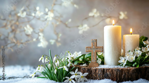 Irish Imbolc festival celebration featuring snowdrops, candles, and a wooden cross on a snowy backdrop photo