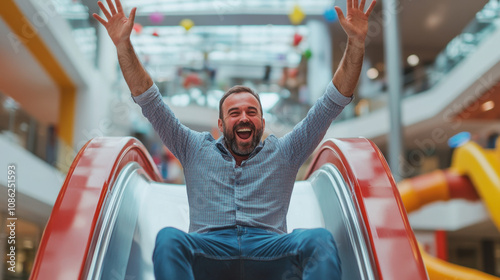 joyful man is happily sliding down colorful slide in vibrant indoor play area, expressing pure excitement and fun photo