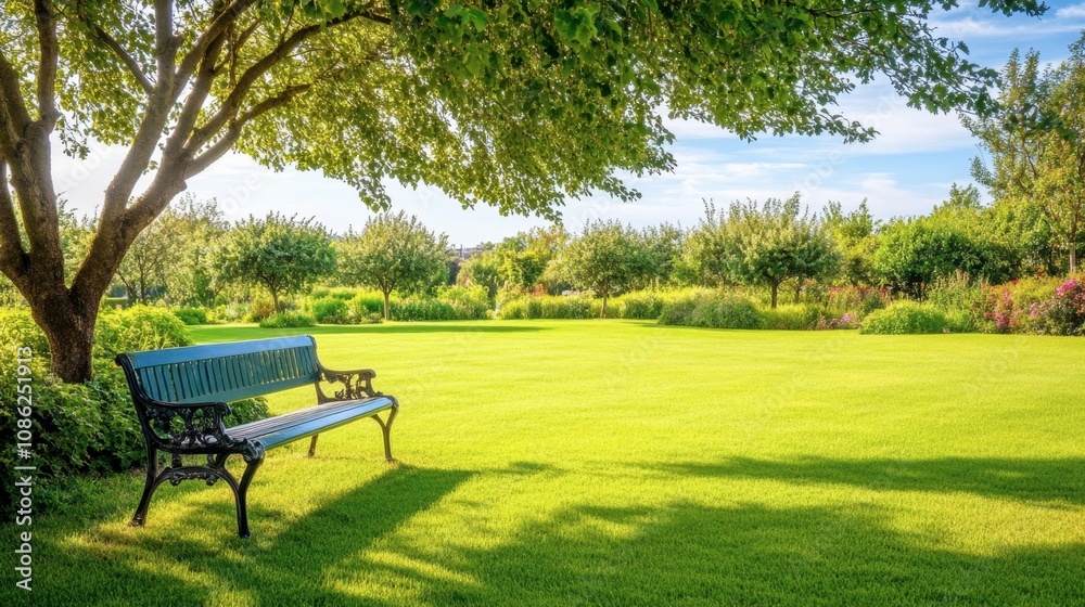 Peaceful Bench in a Sunlit Park Under a Tree's Shade Peaceful Bench in a Sunlit Park Under a Tree's Shade