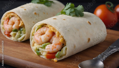 shrimp burrito with cabbage, sauce, tomato, cilantro, rice and cheese