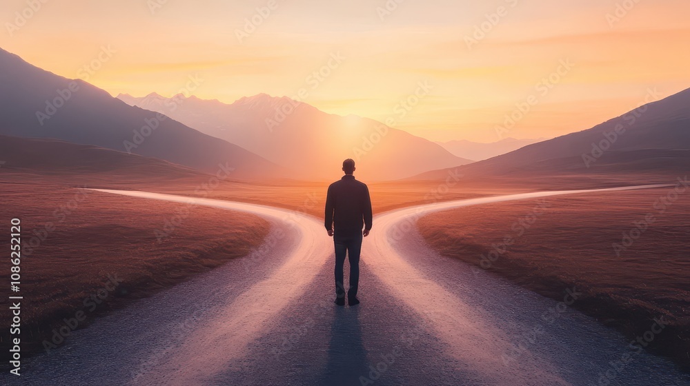A person stands at a crossroads during sunset, contemplating two paths that symbolize choices and future possibilities. A person stands at a crossroads during sunset, contemplating two paths that symbolize choices and future possibilities.