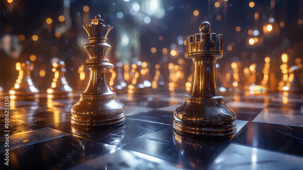 chess board in futuristic setting with glowing pieces creates captivating atmosphere. intricate details of king and rook pieces shine brightly, enhancing strategic essence of game chess board in futuristic setting with glowing pieces creates captivating atmosphere. intricate details of king and rook pieces shine brightly, enhancing strategic essence of game