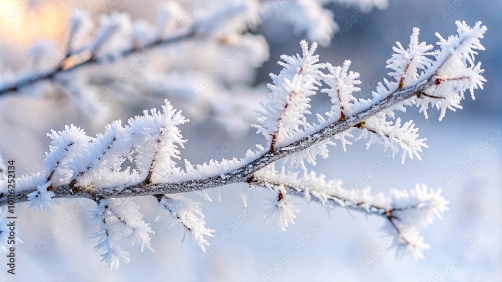 A delicate frost-covered tree branch lying on a white background. A delicate frost-covered tree branch lying on a white background.