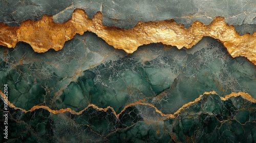 Abstract image featuring green and gold marbled textures.