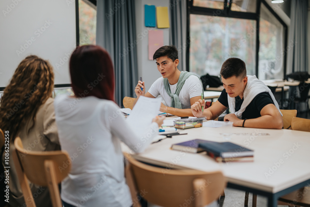 Students are engaged in a group project at school, fostering teamwork and collaboration. They are seated around a table, discussing and sharing ideas in a classroom setting. Students are engaged in a group project at school, fostering teamwork and collaboration. They are seated around a table, discussing and sharing ideas in a classroom setting.