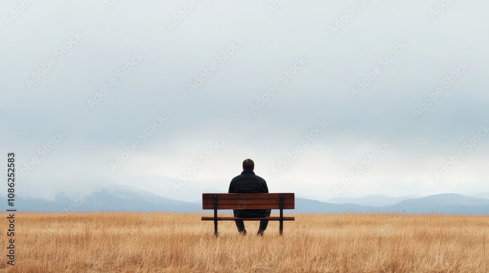 A solitary figure sits on a bench in a vast field, reflecting in a serene and tranquil landscape under cloudy skies. A solitary figure sits on a bench in a vast field, reflecting in a serene and tranquil landscape under cloudy skies.