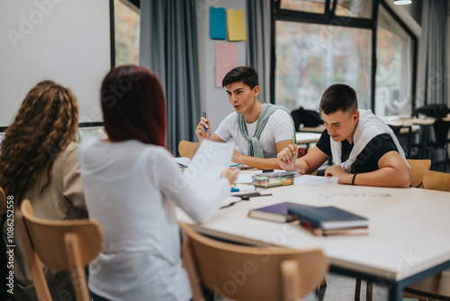 Students are engaged in a group project at school, fostering teamwork and collaboration. They are seated around a table, discussing and sharing ideas in a classroom setting.