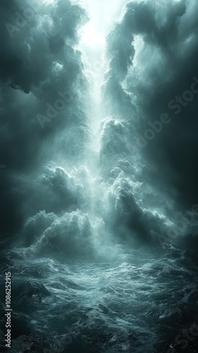 A dramatic depiction of turbulent clouds and light breaking through.