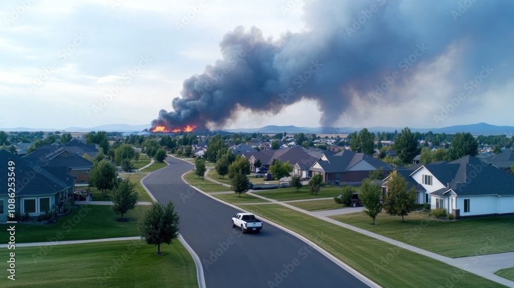 Smoke billowing from a fire over a suburban neighborhood. Smoke billowing from a fire over a suburban neighborhood.