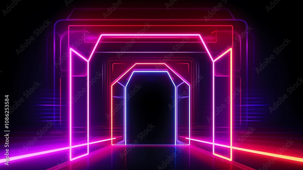 Fototapeta premium Neon Lights Form Abstract Geometric Tunnel Pathway