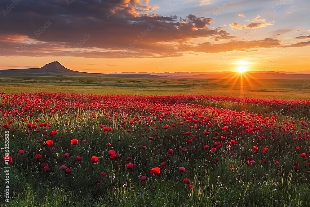 Vibrant Sunset Over a Poppy Field: Nature's Majestic Beauty Vibrant Sunset Over a Poppy Field: Nature's Majestic Beauty