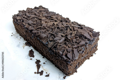 Black Forest Cake with grated chocolate sprinkles, white isolated