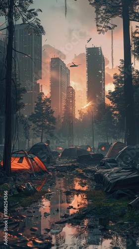 Illustrate a haunting contrast between a post-apocalyptic urban environment and the simplicity of wilderness camping Implement unique camera perspectives to depict eerie beauty and photo