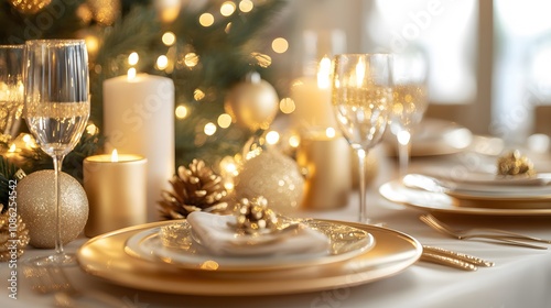 Festive Table Setting with Gold Accents and Christmas Decorations