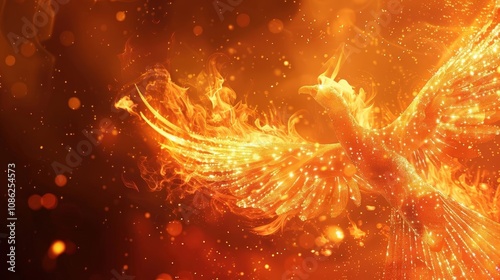 Illustrate a phoenix rising from a flaming oven, feathers made of caramelized sugar, in a dynamic, unexpected overhead angle Enhance the glow with digital effects photo