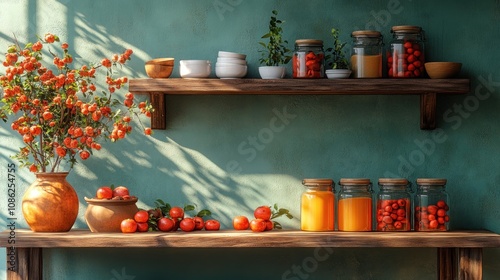 Shelves adorned with jars, tomatoes, and a vibrant floral arrangement.