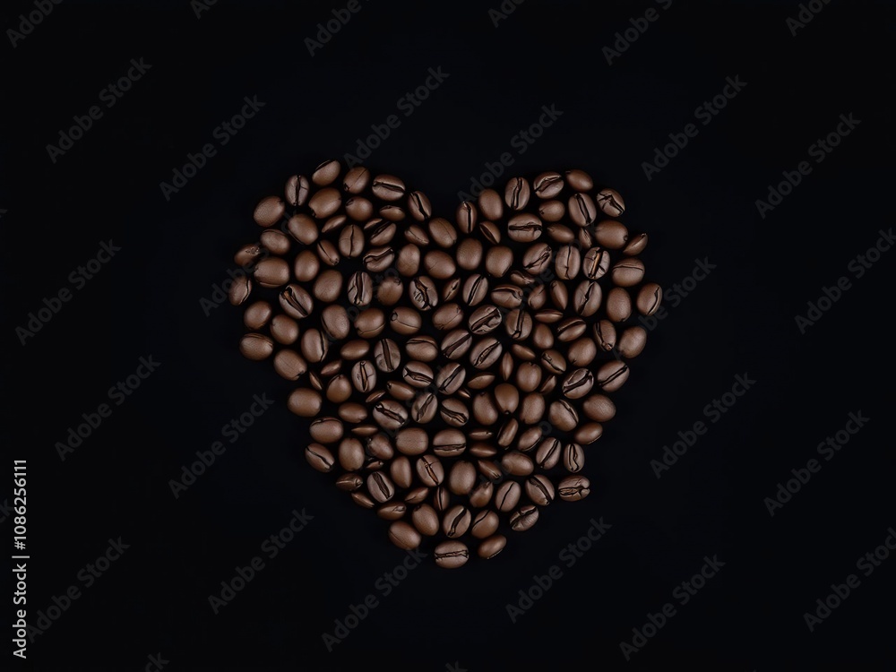 Symmetrical pattern of dark brown coffee beans in the shape of a heart on a black background, coffee presentation, coffee love Symmetrical pattern of dark brown coffee beans in the shape of a heart on a black background, coffee presentation, coffee love