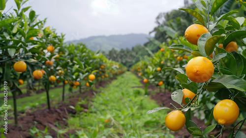 Lush Orange Grove Rows Ripe Citrus Fruits Sunny Orchard Agriculture Farming