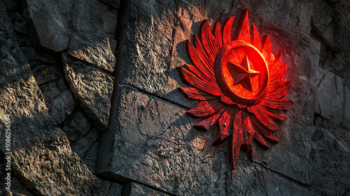 An old Soviet emblem engraved in stone radiating a vivid red light against a textured, weathered background photo