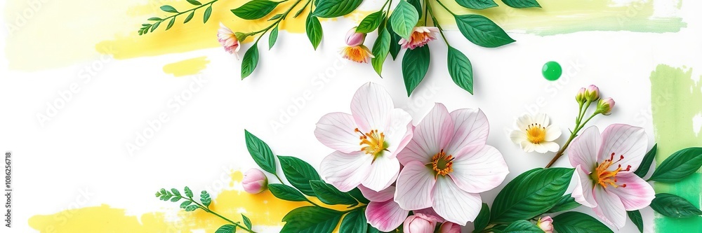 Fototapeta premium Vibrant emerald floral arrangement on white canvas with abstract green and yellow brushstrokes, emerald green, vibrant colors, yellow flowers