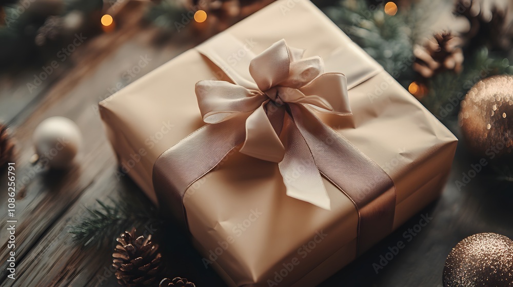 A Wrapped Gift with a Brown Satin Bow on Wooden Surface A Wrapped Gift with a Brown Satin Bow on Wooden Surface