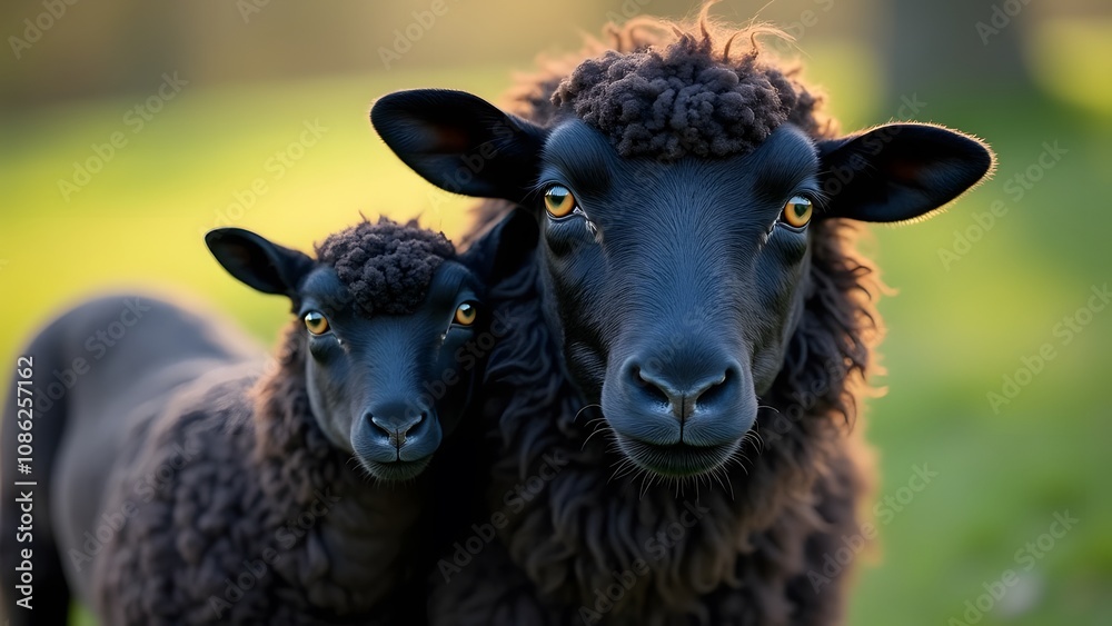 Close-up portrait of two black sheep looking directly at camera, standing together outdoors.