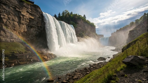 Water cascades down a rocky cliffside in a powerful waterfall, with sunlight filtering through the mist and creating a rainbow effect, landscape, rocks, rainbows, water, sunlight