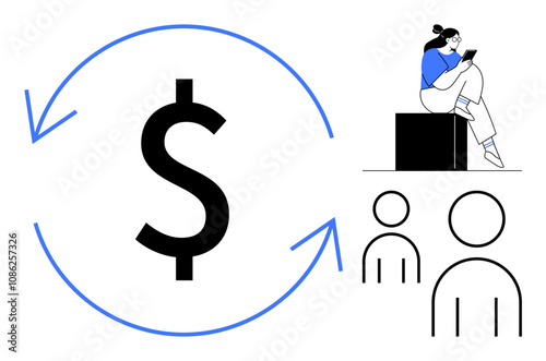 Dollar sign with blue arrows in a circular motion, individual using a tablet seated on a block, group of three people. Ideal for finance, business strategy, teamwork, data analysis, economic growth