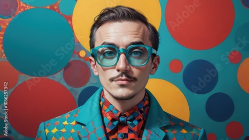 Stylish man with turquoise glasses and geometric fashion against a colorful abstract background of vibrant circles.