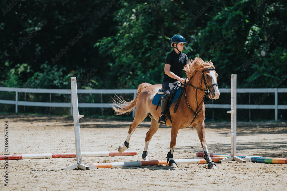 Rider showcasing their skills and confidence while riding a horse in a sunny outdoor equestrian arena. Rider showcasing their skills and confidence while riding a horse in a sunny outdoor equestrian arena.