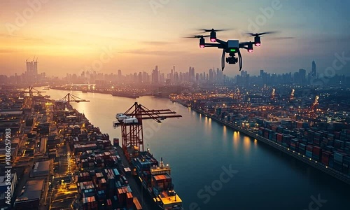 Drone Surveillance over a Busy Port City at Sunset