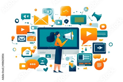Social media marketing. Set of icons related to internet promotion, audience engagement, social media posts and online advertising. Cartoon flat vector illustration collection isolated on background