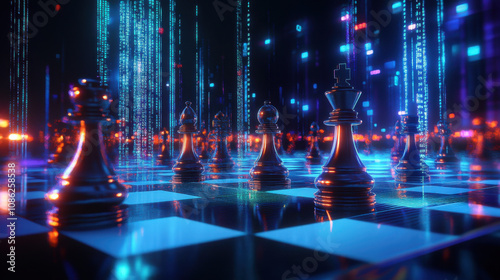 Wallpaper Mural sophisticated 3D chess board floating in space, illuminated by vibrant neon lights and digital elements, creates captivating and futuristic atmosphere Torontodigital.ca