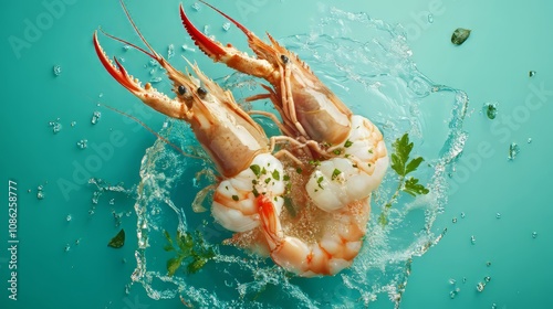 Fresh raw seafood including shrimps and crabs with herbs and spices on a vibrant turquoise background, with copy space. Ultra-realistic, hyper-detailed 8K advertising photography photo