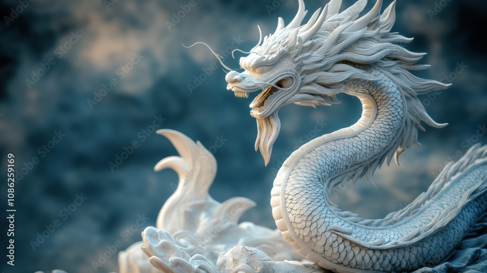 majestic white Chinese dragon coils its body gracefully, showcasing intricate details and fierce expression. This stunning sculpture embodies strength and elegance, captivating viewers with its majestic white Chinese dragon coils its body gracefully, showcasing intricate details and fierce expression. This stunning sculpture embodies strength and elegance, captivating viewers with its