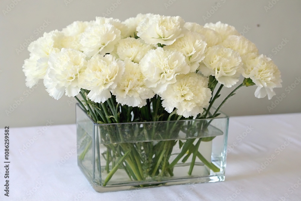 A bunch of fresh white carnations arranged in a rectangular glass container, mourning blooms, funeral centerpieces, memorial flowers, bereavement flowers A bunch of fresh white carnations arranged in a rectangular glass container, mourning blooms, funeral centerpieces, memorial flowers, bereavement flowers