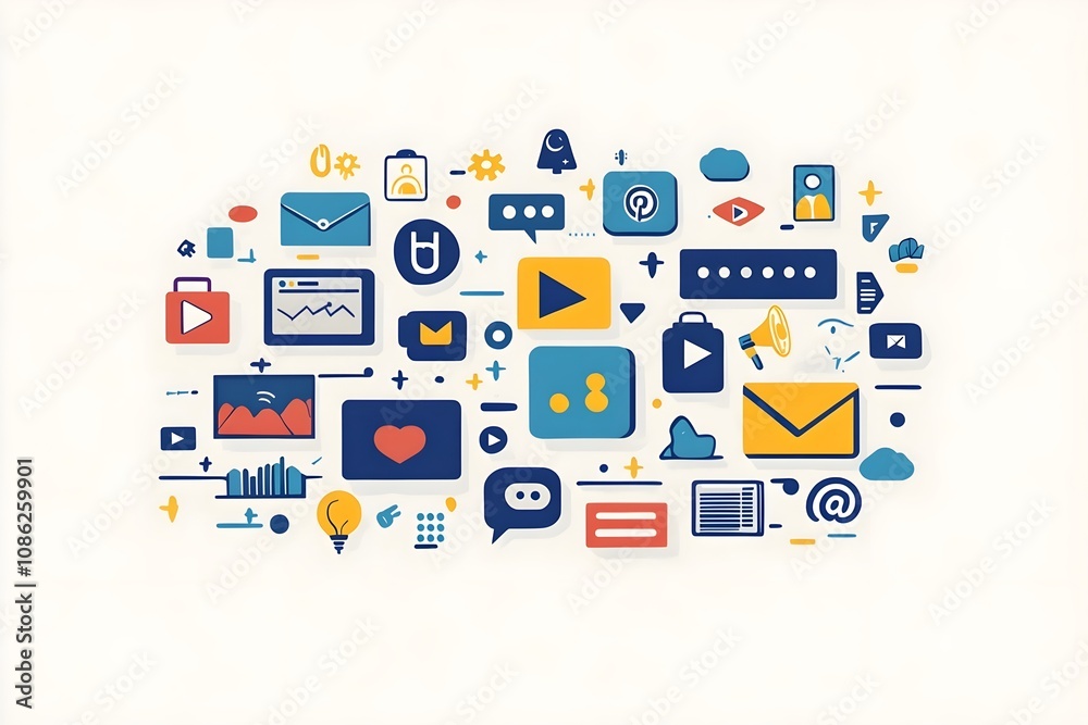 Social media marketing. Set of icons related to internet promotion, audience engagement, social media posts and online advertising. Cartoon flat vector illustration collection isolated on background Social media marketing. Set of icons related to internet promotion, audience engagement, social media posts and online advertising. Cartoon flat vector illustration collection isolated on background