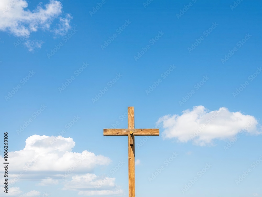 A cross standing alone against a clear blue sky with puffy white clouds in the background, sky, abstract, landscape A cross standing alone against a clear blue sky with puffy white clouds in the background, sky, abstract, landscape