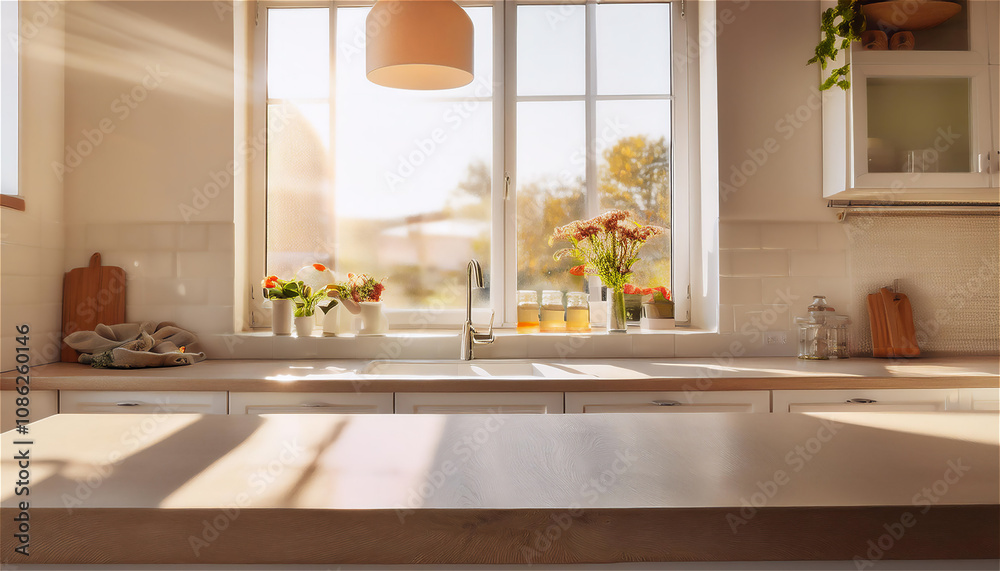 Bright beige-toned kitchen interiors with sunlight through the windows Bright beige-toned kitchen interiors with sunlight through the windows